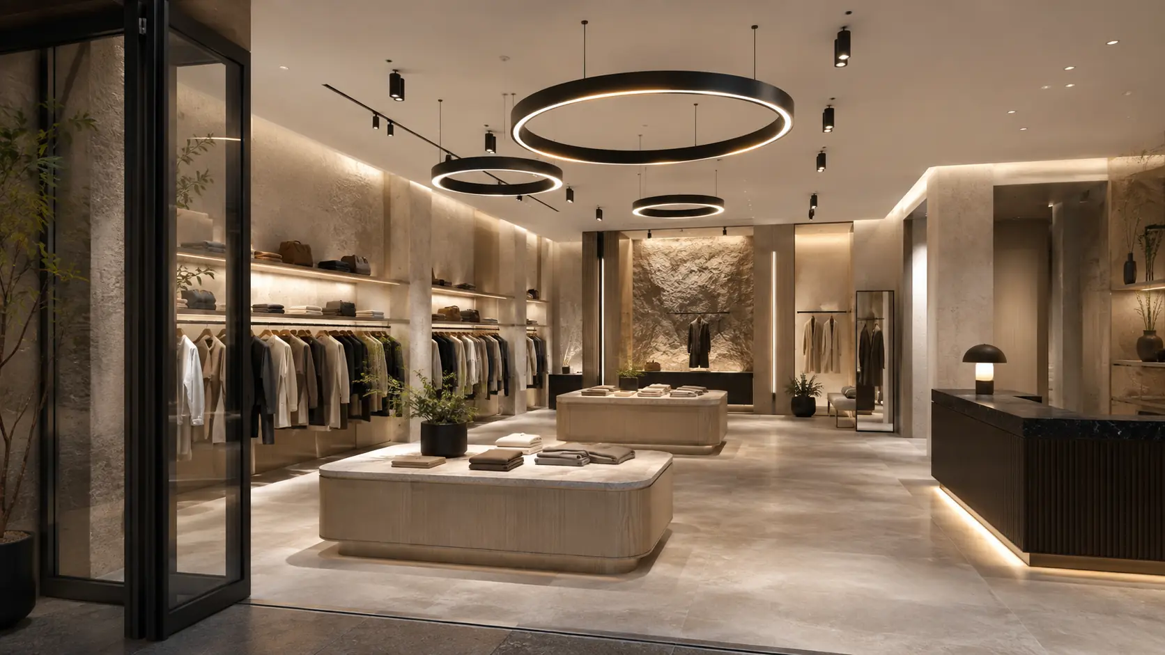 Conceptual boutique retail interior with entry, perimeter display, merchandise islands, feature wall, fitting transition, and checkout lighting.