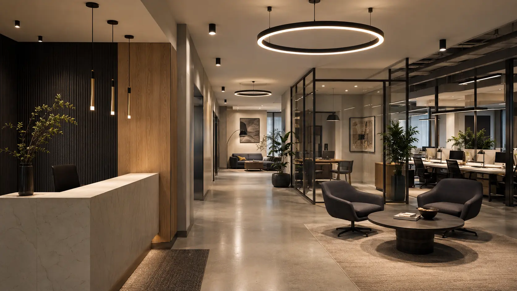 Conceptual office tenant improvement with reception, waiting, glass offices, corridor, collaboration lounge, and layered architectural lighting.