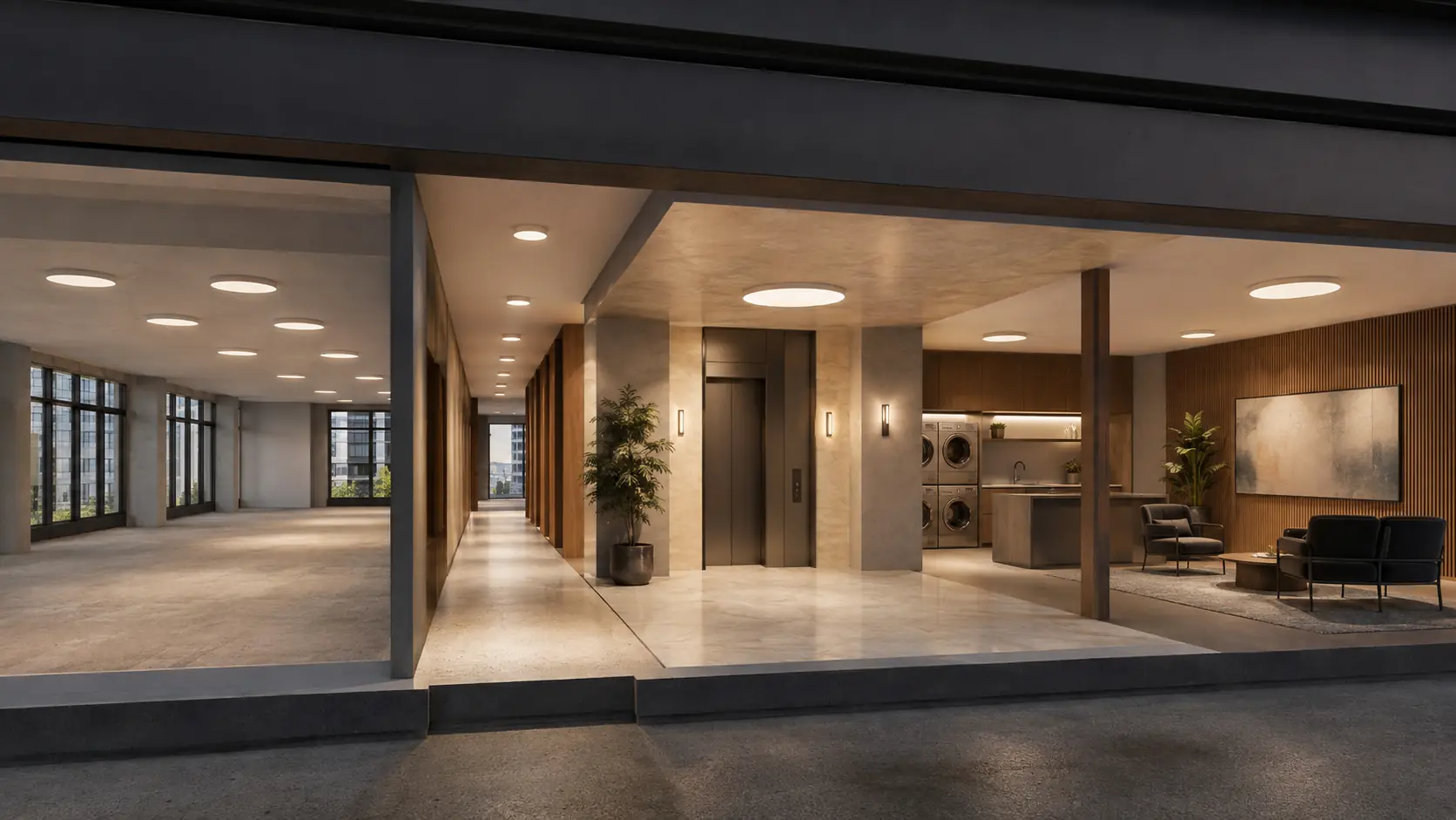 Conceptual mixed-use property showing a vacant suite, corridor, elevator lobby, laundry room, and leasing waiting area with one modular lighting language.