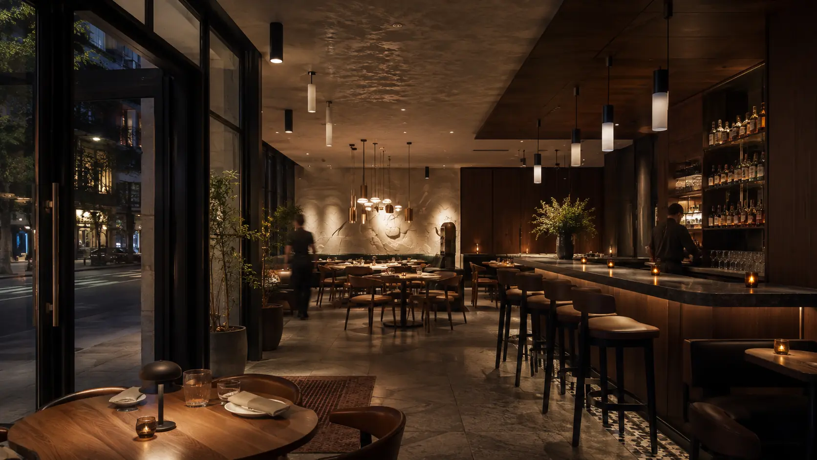 Conceptual restaurant and bar interior with layered ambient, cylinder, pendant, feature, and circulation lighting.